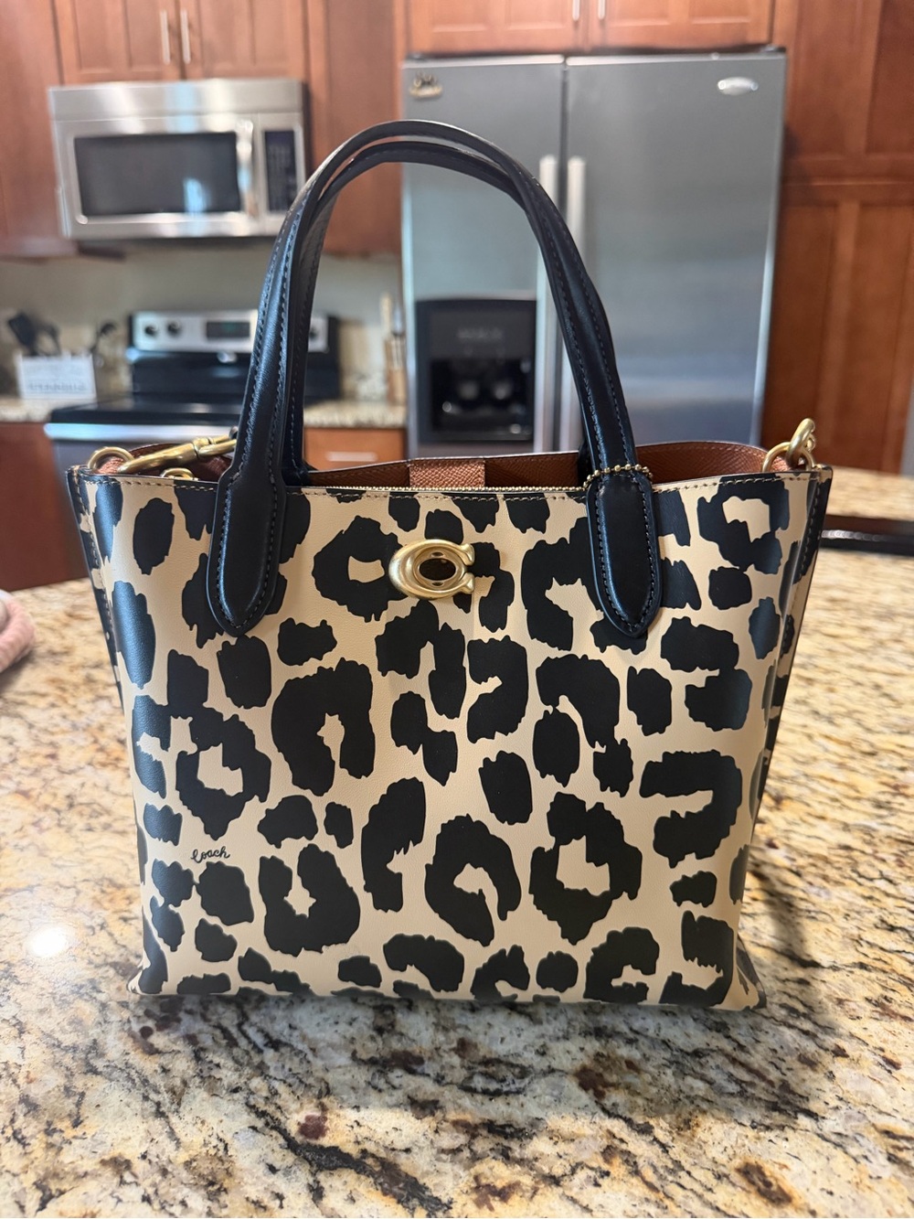Coach Leopard-Print Mini Tote in Black and Cream